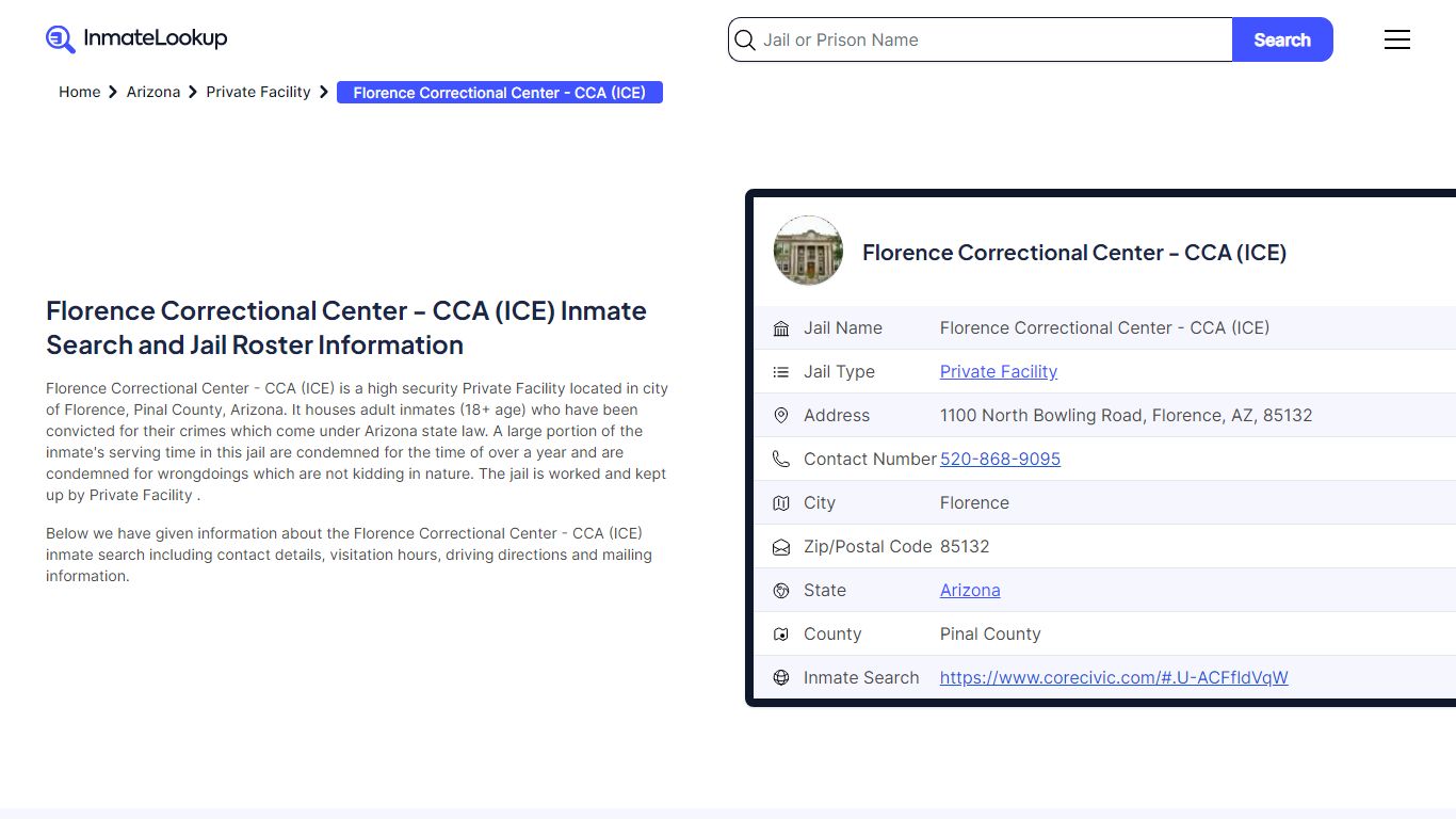 Florence Correctional Center - CCA (ICE) Inmate Search, Jail Roster ...